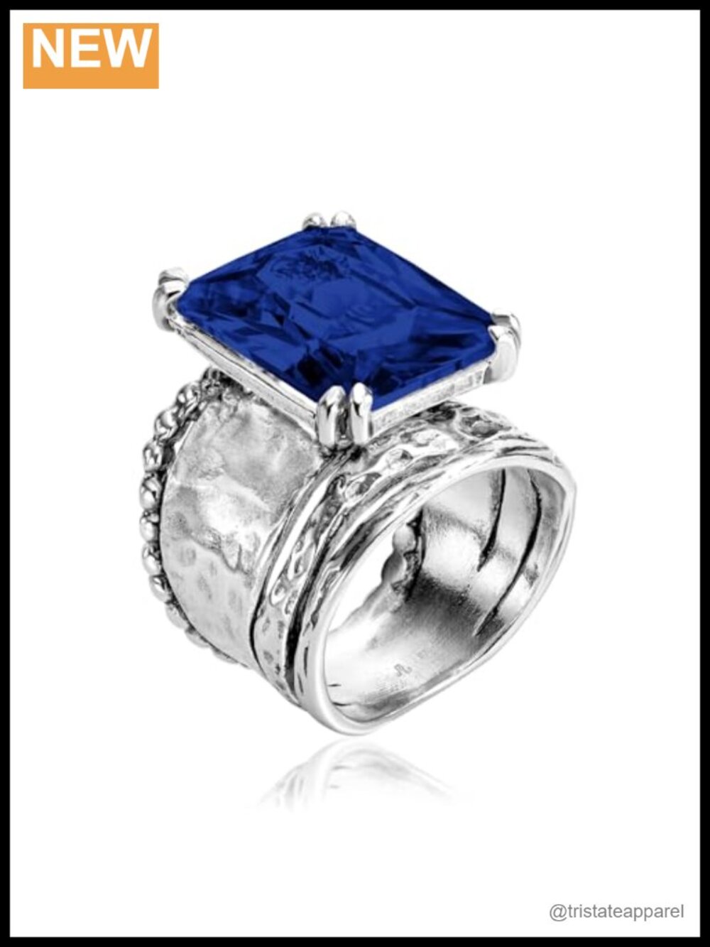 925 Sterling Silver Statement Ring Hammered Vintage Octagon Cubic Zirconia